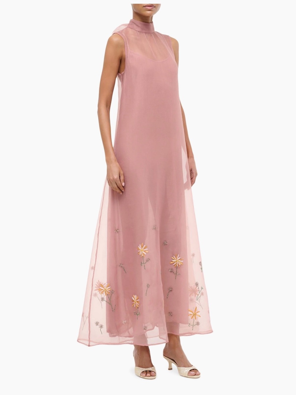 STAUD Rose Pink Sheer Maxi Dress with Yellow Floral Embroidery - Picture 3 of 5